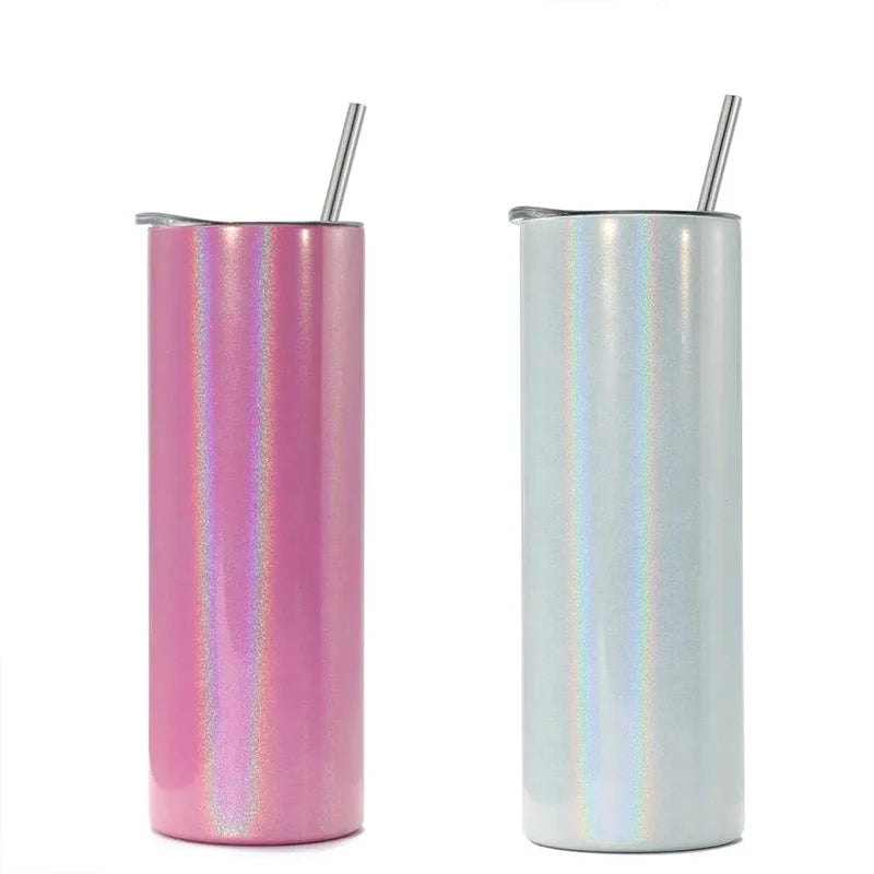 20oz Glitter Stainless Steel Skinny Tumbler with Metal Straw - Vacuum Insulated Travel Cup Gift